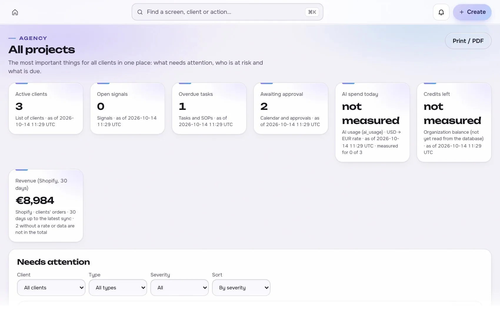 All projects: active clients, open signals and what waits for approval