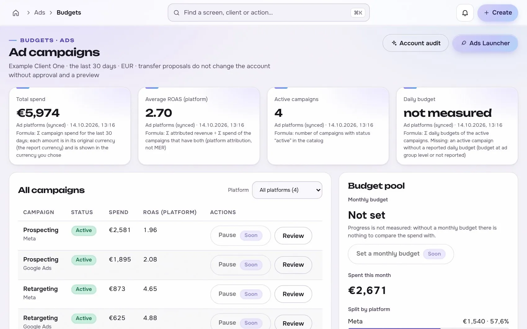 Ad campaigns: spend, platform ROAS and budget split by platform