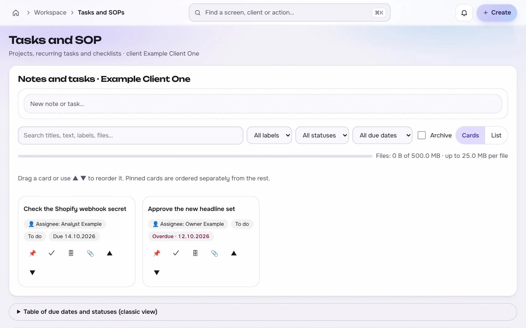 Tasks and SOP screen with two task cards, one overdue, test data
